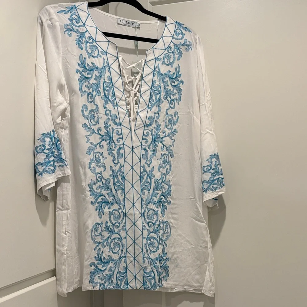 Solitaire White Tunic with Blue Embroidery - Picture 1 of 3